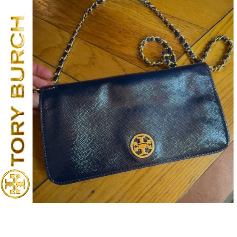🌟Authenticated Tory Burch Glowing Caviar Leather Adalyn Clutch Midnight Blue🌟